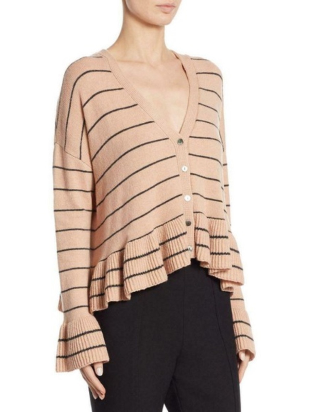 CINQ a SEPT "Noa" Striped Wool Blend Ruffle-Hem Cardigan EUC/sz S